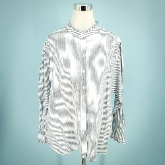 WYSE 5 Size 12 US Paris Linen Stripe Frill Ruffle Button Long Sleeve Top Blouse - Picture 1 of 8